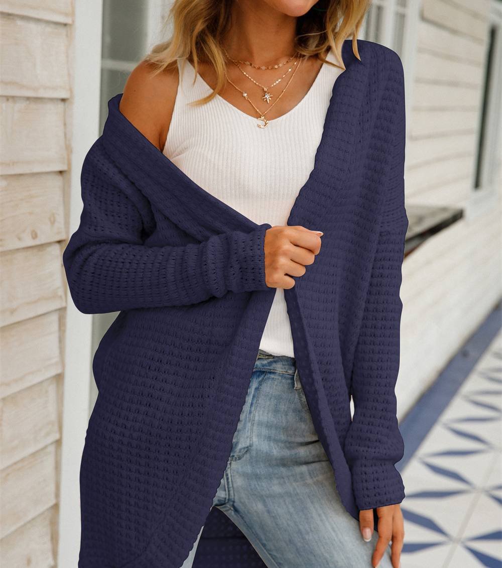 Waffle Knit Open Front Draped Cardigan - Navy Blue