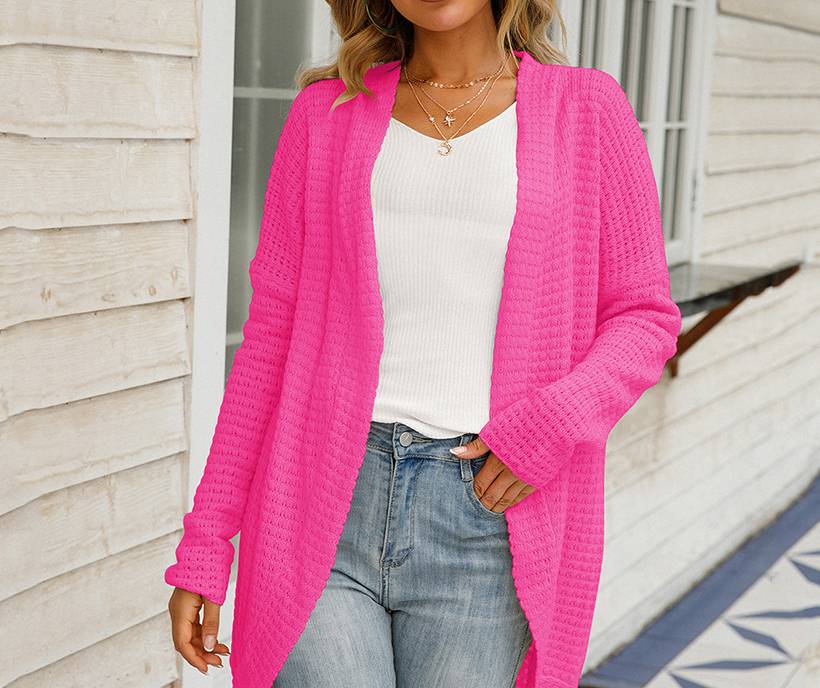 Waffle Knit Open Front Draped Cardigan - Rose Red