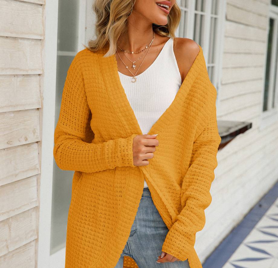 Waffle Knit Open Front Draped Cardigan - Yellow