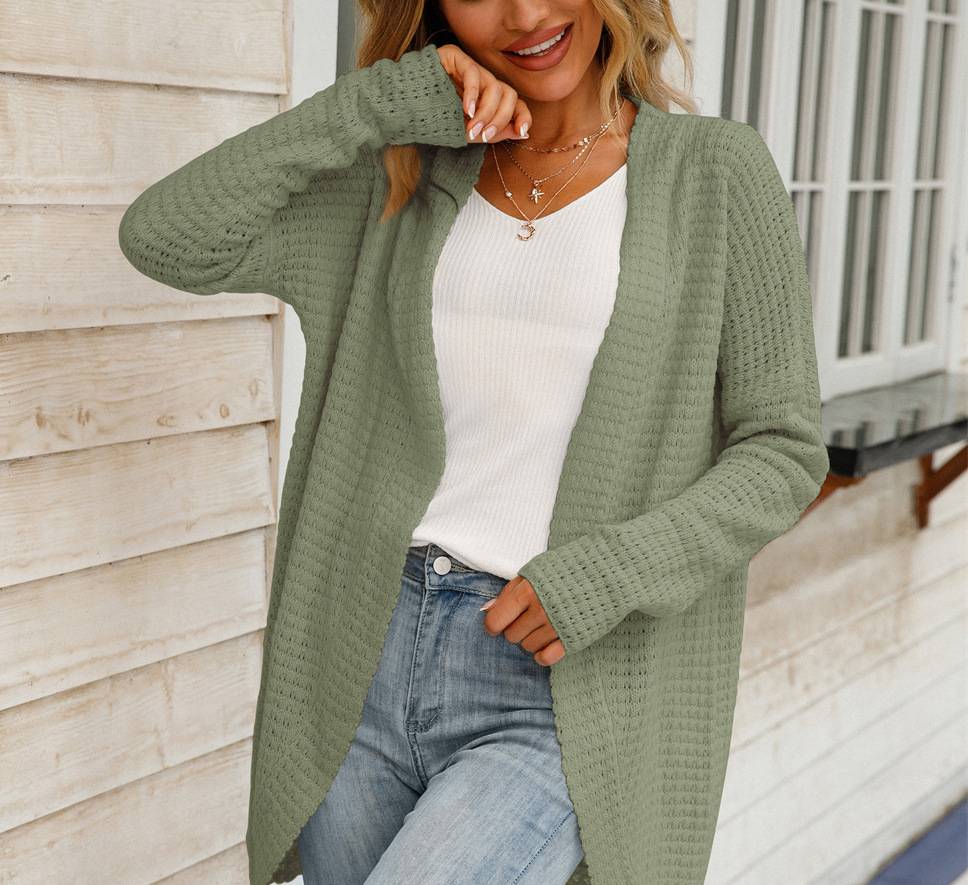 Waffle Knit Open Front Draped Cardigan