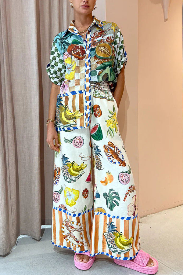 Tropical Patchwork Shirt And Wide Leg Set - Set