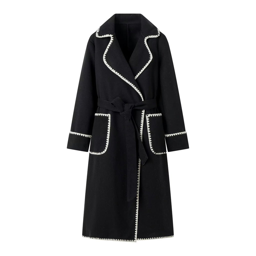 Contrast Whipstitch Belted Longline Wrap Coat - Black
