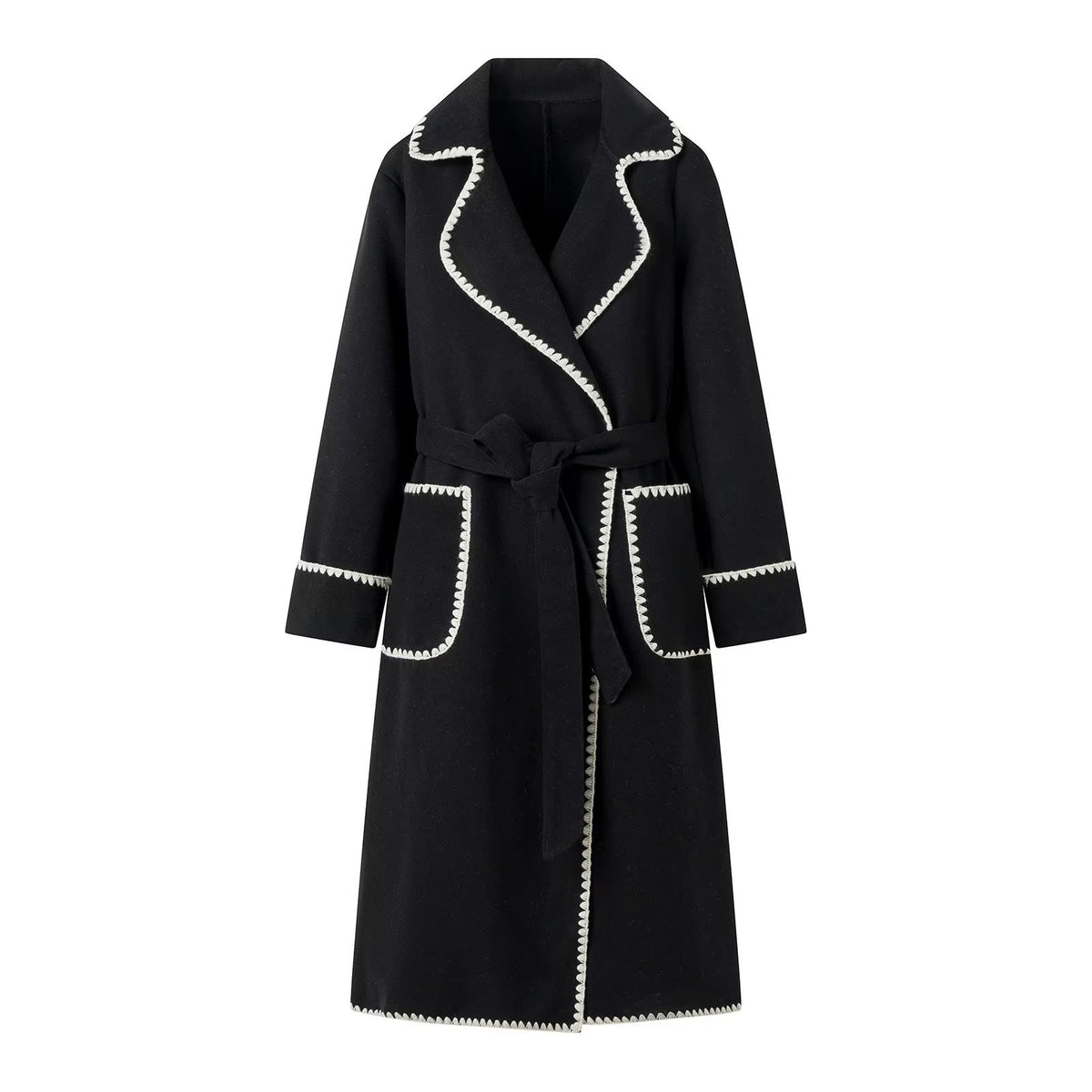 Contrast Whipstitch Belted Longline Wrap Coat - Black