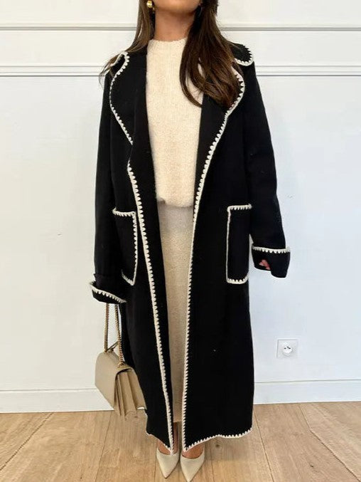 Contrast Whipstitch Belted Longline Wrap Coat - Black - 1