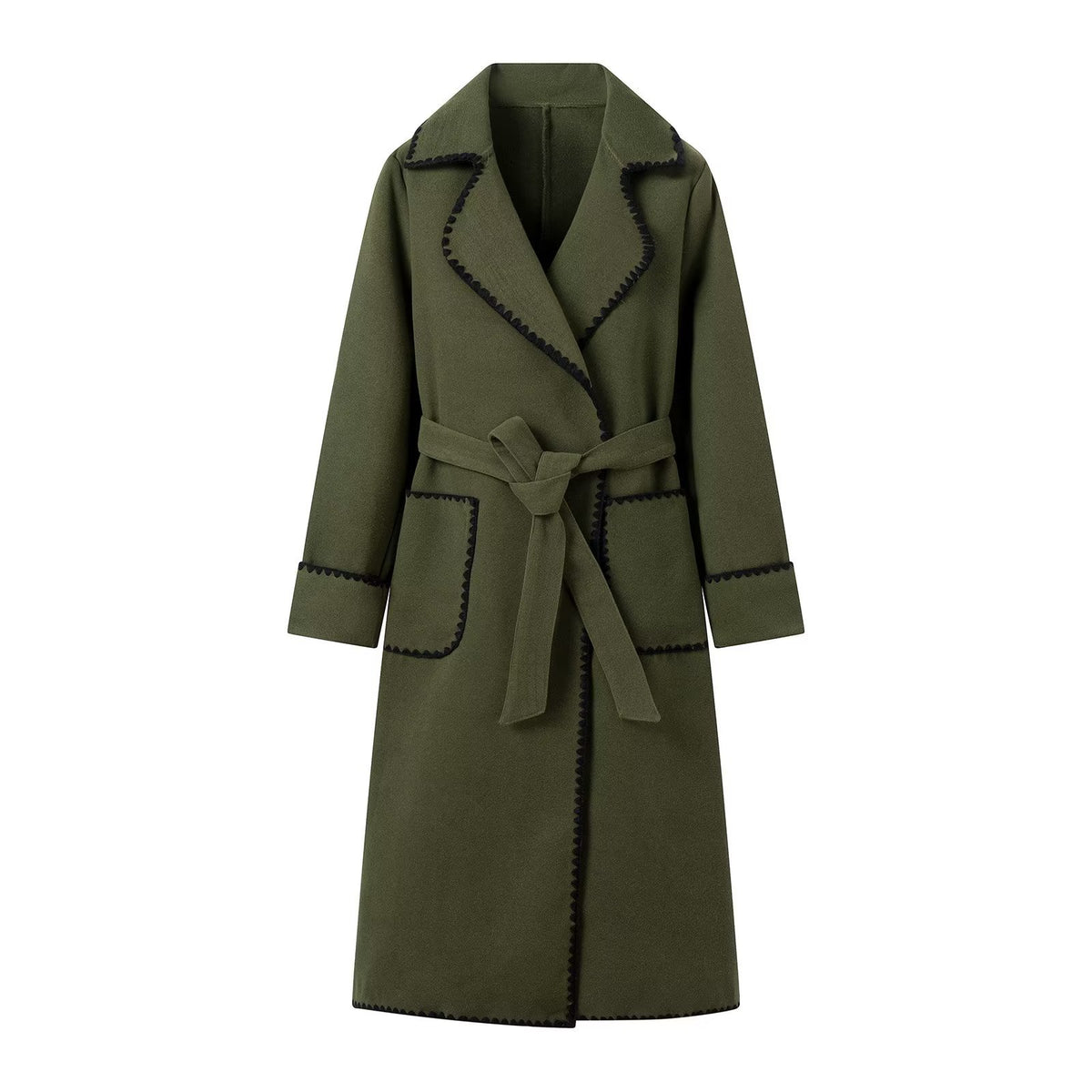 Contrast Whipstitch Belted Longline Wrap Coat - Green