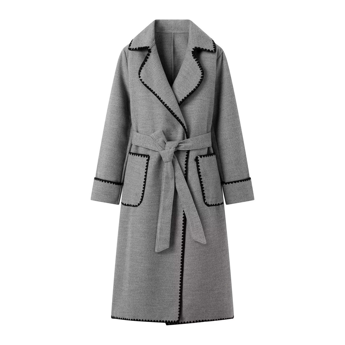 Contrast Whipstitch Belted Longline Wrap Coat - Grey
