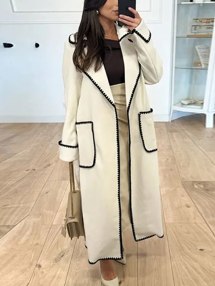 Contrast Whipstitch Belted Longline Wrap Coat - White