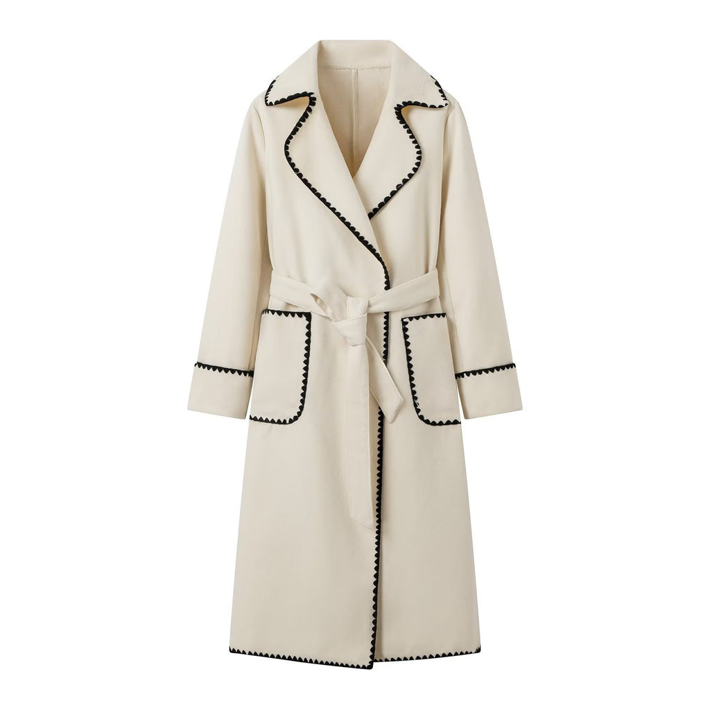 Contrast Whipstitch Belted Longline Wrap Coat - White - 1