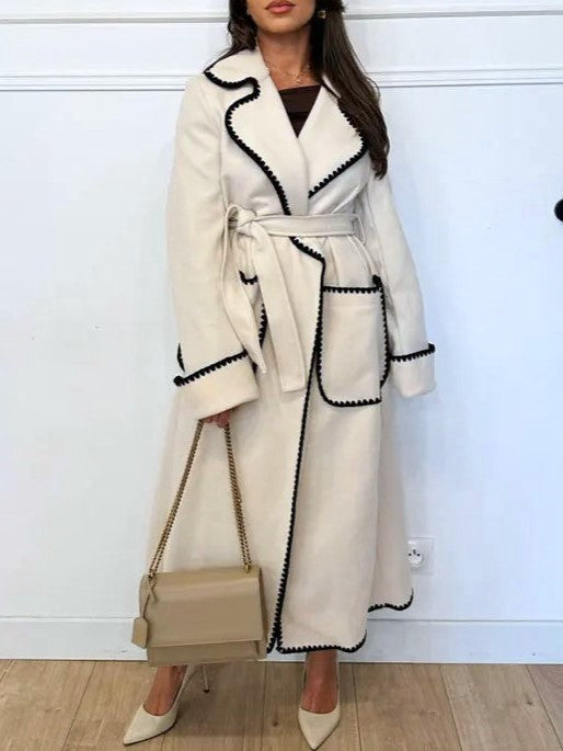 Contrast Whipstitch Belted Longline Wrap Coat - White - 7