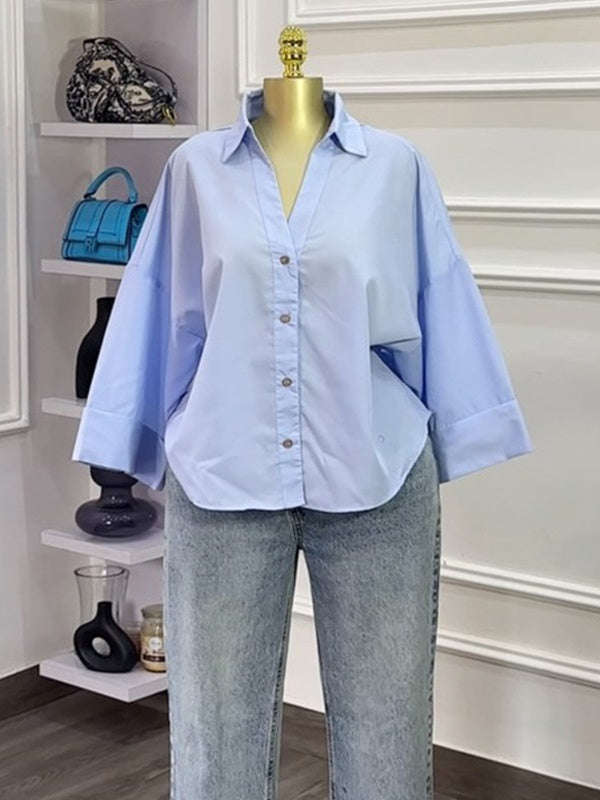 Striped Print Feminine 3/4-Sleeve Woven Shirt Blouse - Blue
