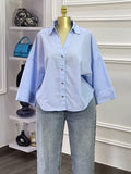 Striped Print Feminine 3/4-Sleeve Woven Shirt Blouse - Blue