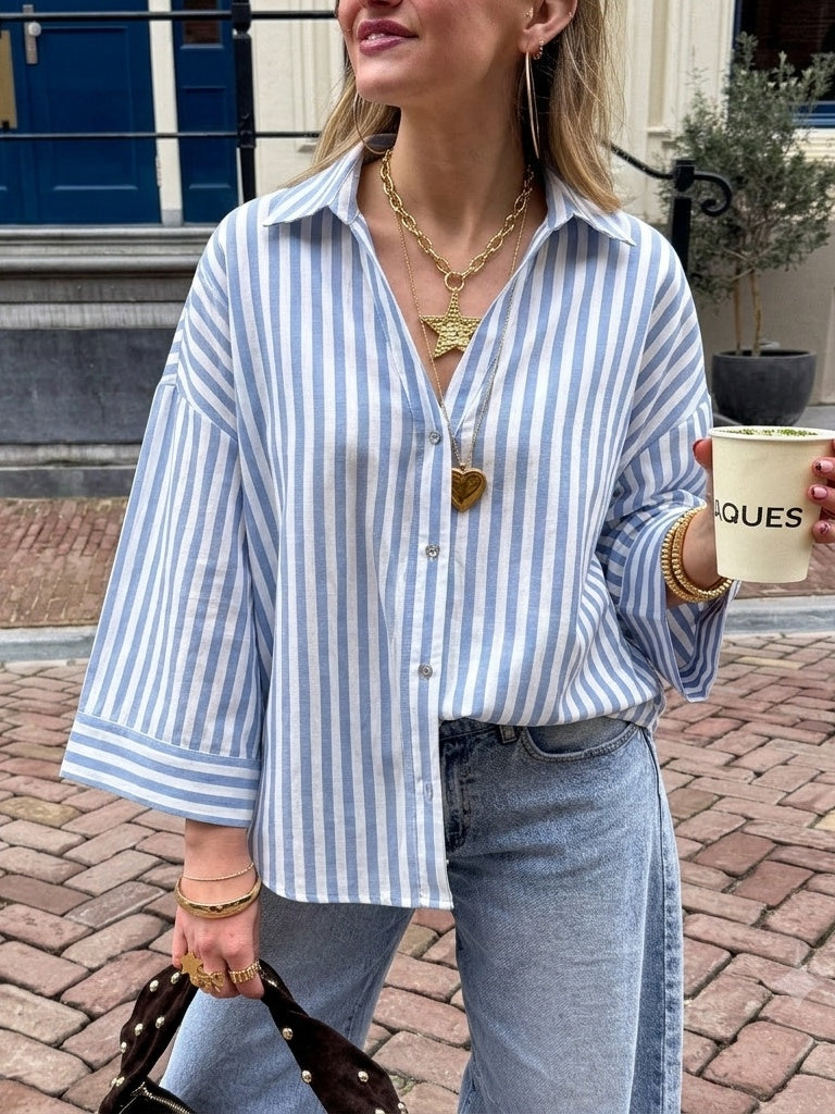 Striped Print Feminine 3/4-Sleeve Woven Shirt Blouse - Blue Stripe