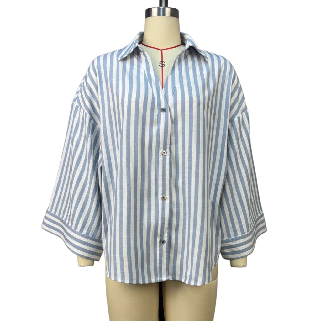 Striped Print Feminine 3/4-Sleeve Woven Shirt Blouse - Blue Stripe - 3