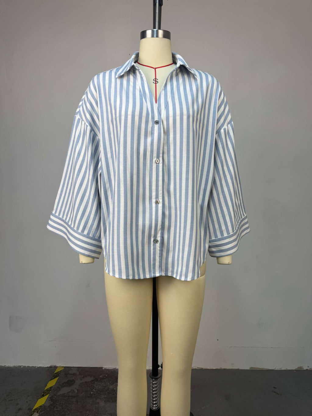 Striped Print Feminine 3/4-Sleeve Woven Shirt Blouse - Blue Stripe - 4