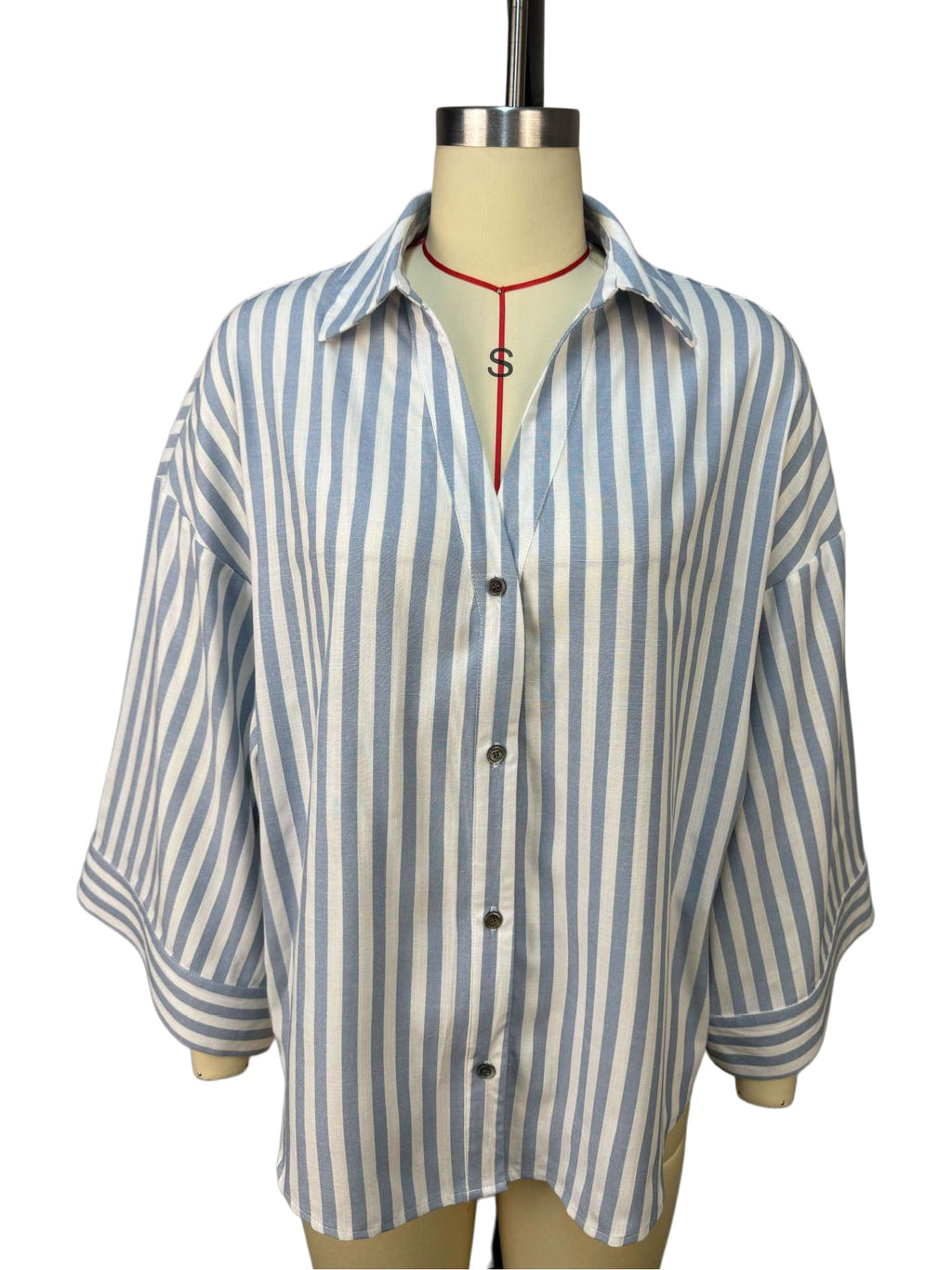 Striped Print Feminine 3/4-Sleeve Woven Shirt Blouse - Blue Stripe - 5