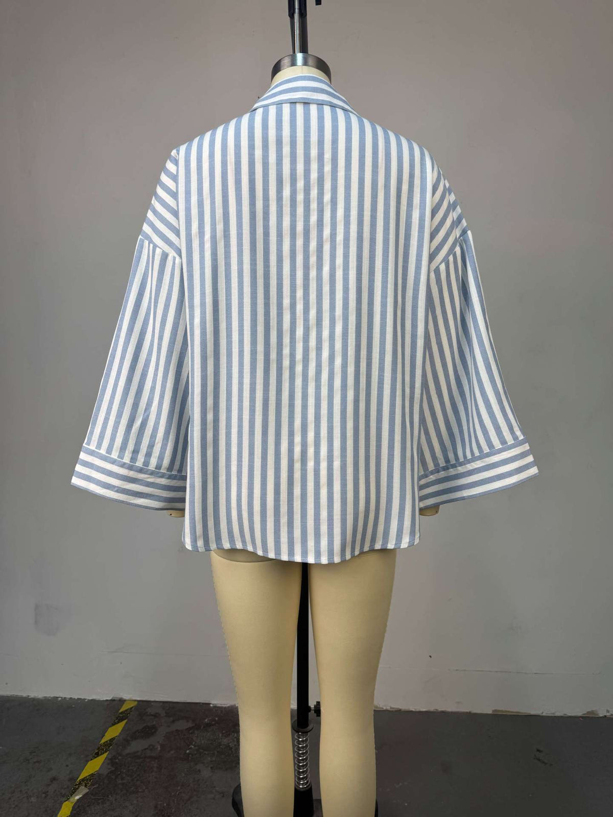 Striped Print Feminine 3/4-Sleeve Woven Shirt Blouse - Blue Stripe - 7