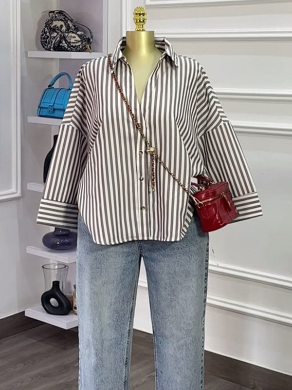 Striped Print Feminine 3/4-Sleeve Woven Shirt Blouse - Brown
