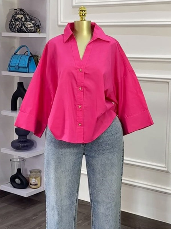 Striped Print Feminine 3/4-Sleeve Woven Shirt Blouse - Fuchsia