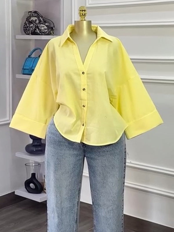 Striped Print Feminine 3/4-Sleeve Woven Shirt Blouse - Yellow