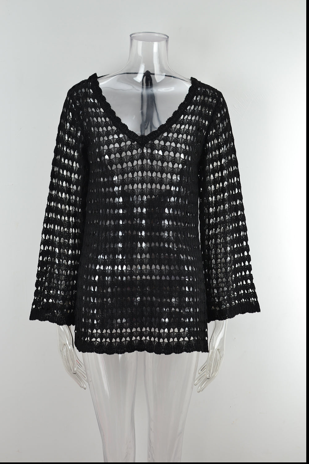 Open Back Long Sleeve Knit Beach Cover Up - Black - 5