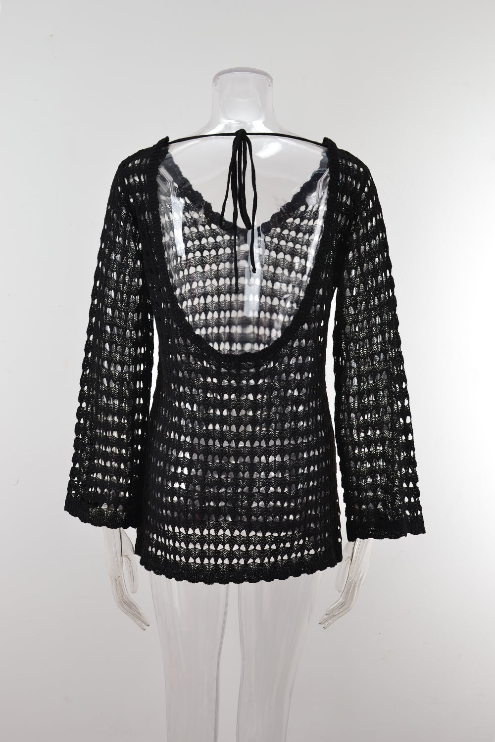 Open Back Long Sleeve Knit Beach Cover Up - Black - 6