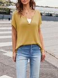 Split V Neck Loose Knit Top - Yellow