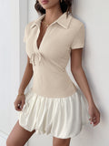 Waffle Knit Polo Collar Bubble Hem Dress - Apricot