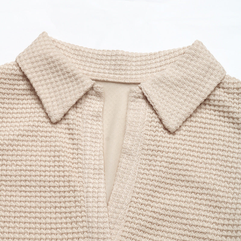 Waffle Knit Polo Collar Bubble Hem Dress - Apricot - 2