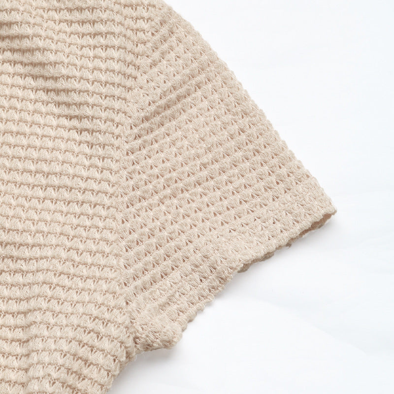 Waffle Knit Polo Collar Bubble Hem Dress - Apricot - 3