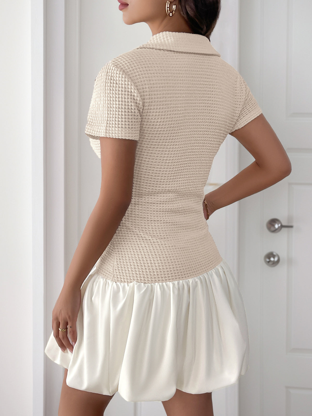 Waffle Knit Polo Collar Bubble Hem Dress - Apricot - 5