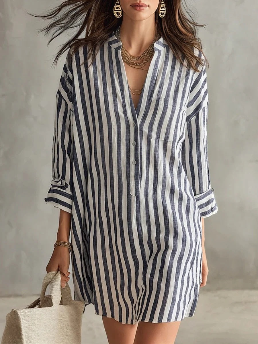 Striped Roll Sleeve Mini Shirt Dress - Black
