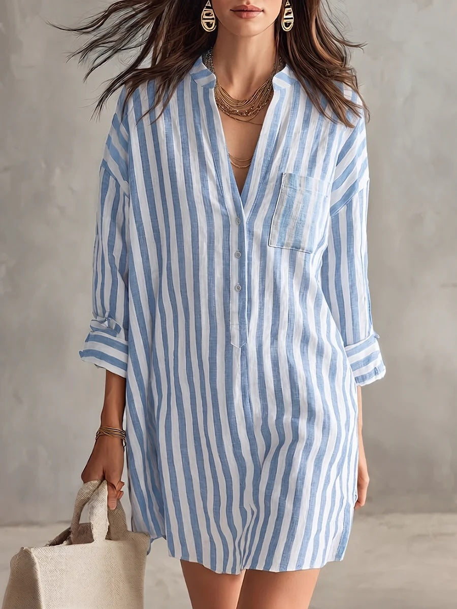 Striped Roll Sleeve Mini Shirt Dress - Blue