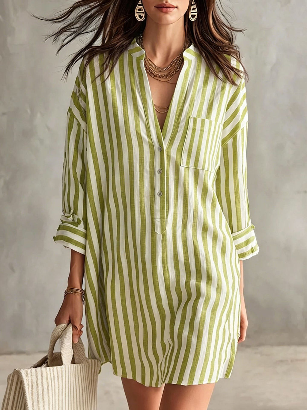 Striped Roll Sleeve Mini Shirt Dress - Green