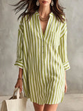 Striped Roll Sleeve Mini Shirt Dress - Green