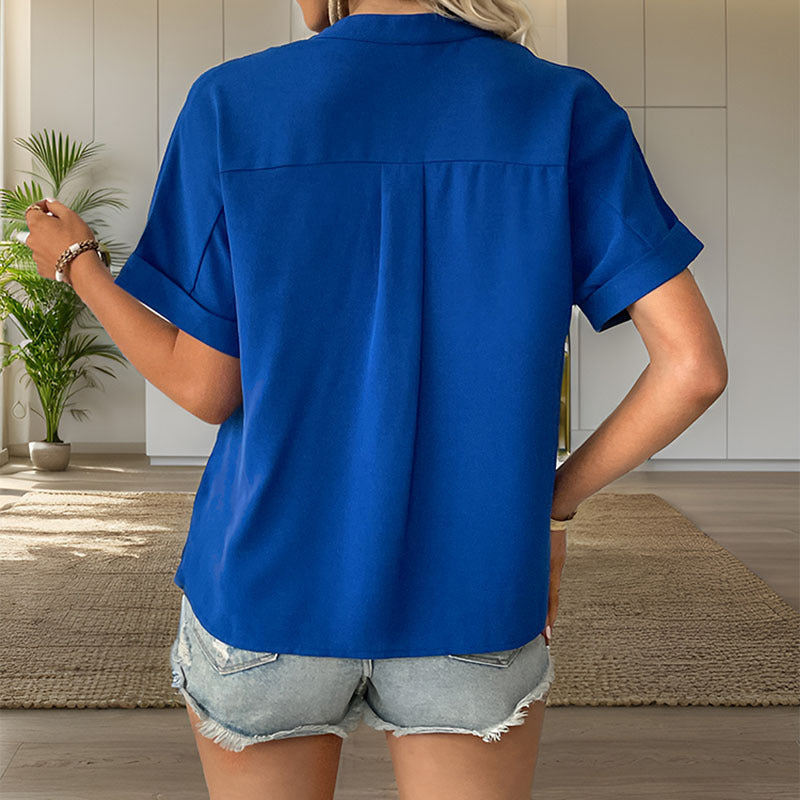 Split Neck Rolled Sleeve Pocket Blouse - Blue - 1
