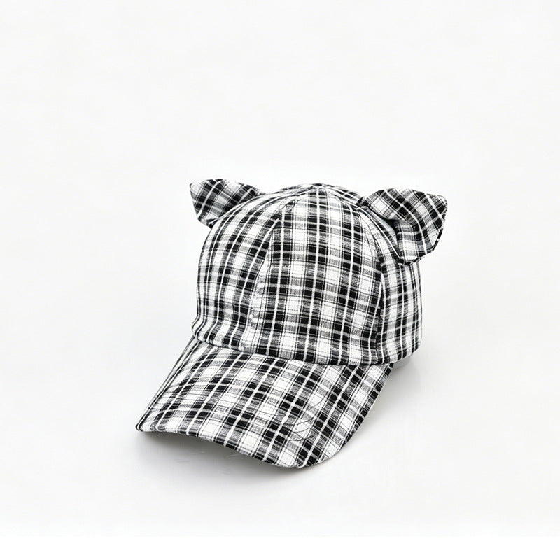 Checked Baseball Cap With Kitten Ears - Black