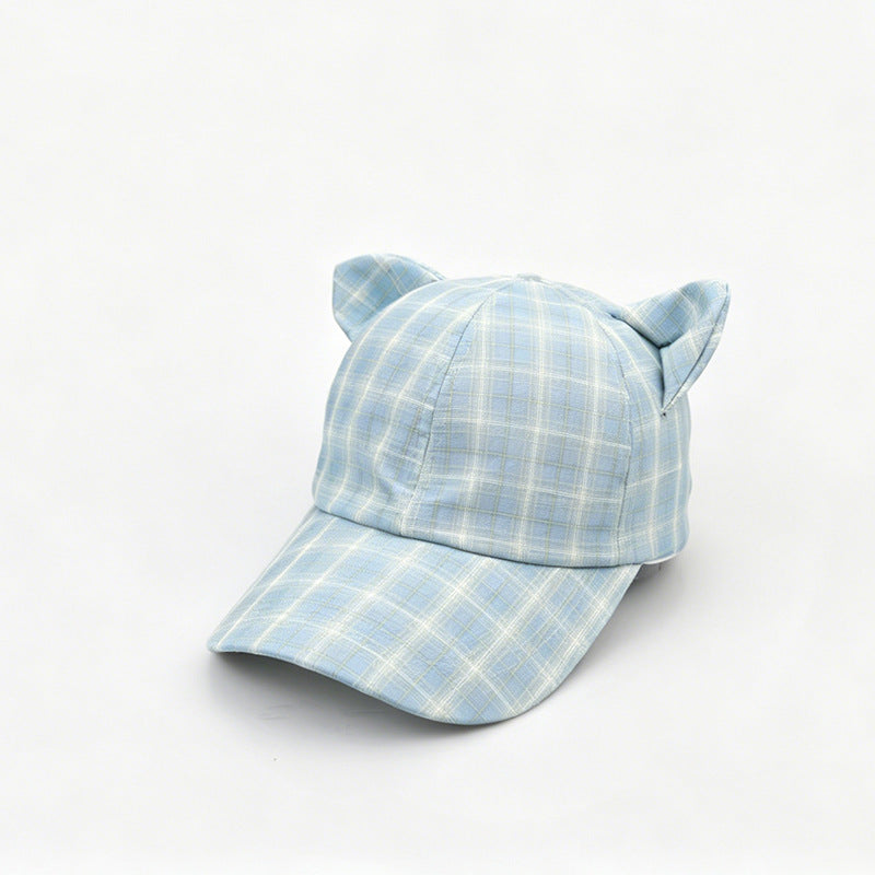 Checked Baseball Cap With Kitten Ears - Blue