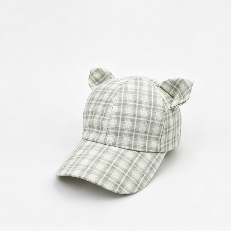 Checked Baseball Cap With Kitten Ears - Grey