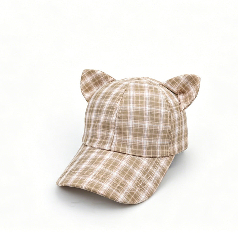 Checked Baseball Cap With Kitten Ears - Khaki
