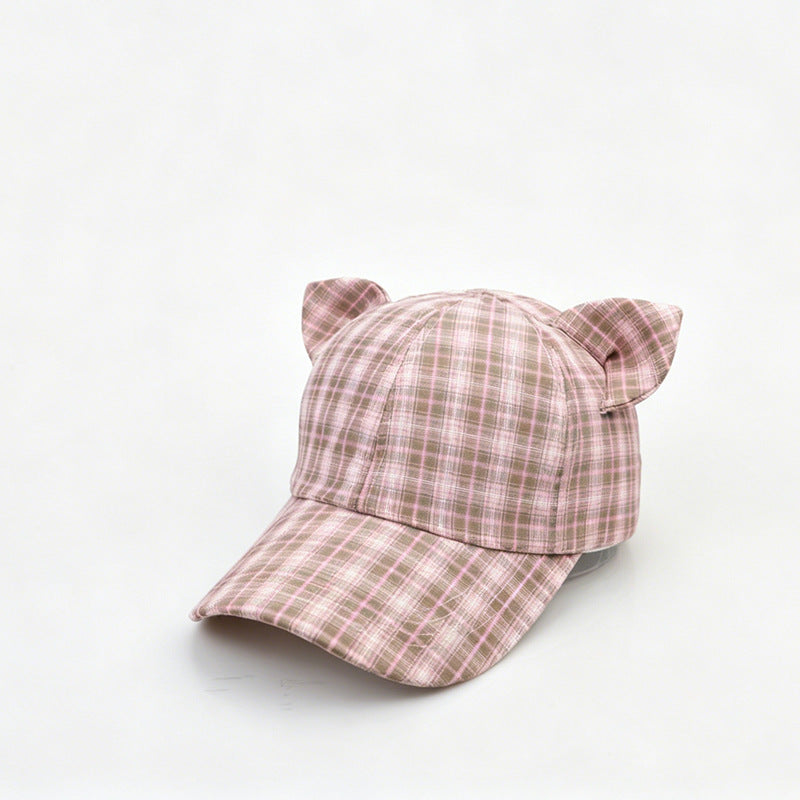 Checked Baseball Cap With Kitten Ears - Pink