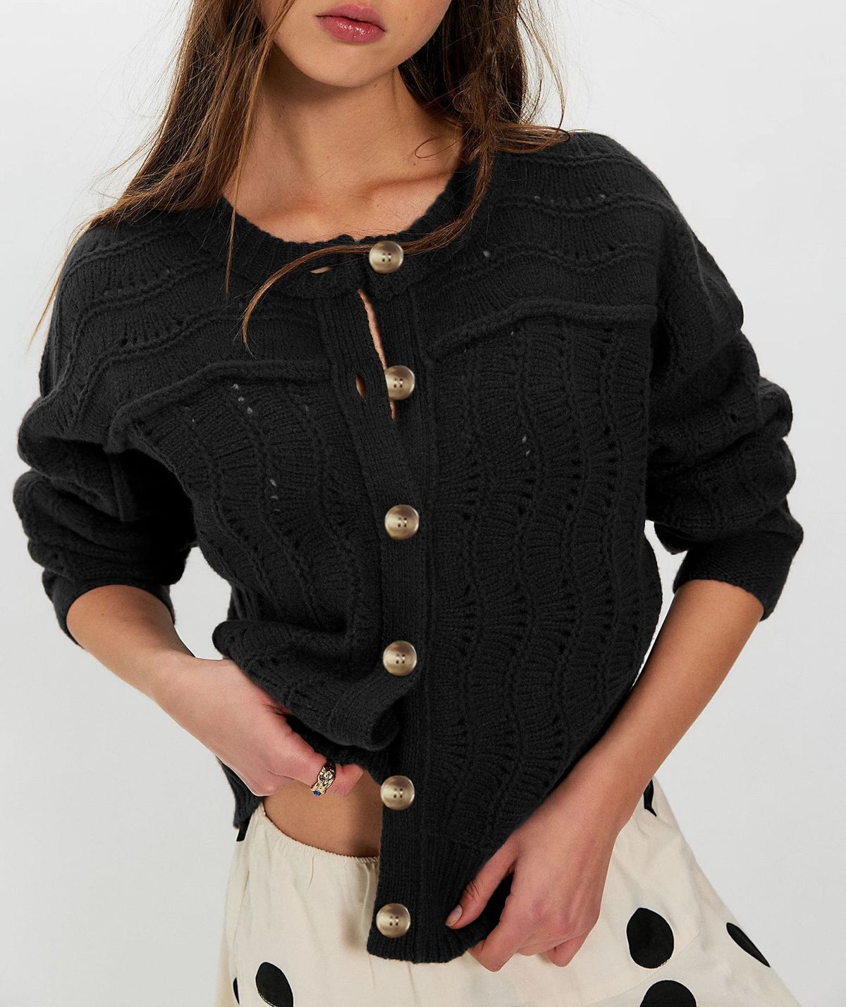 Pointelle Eyelet Knit Button Cardigan - Black