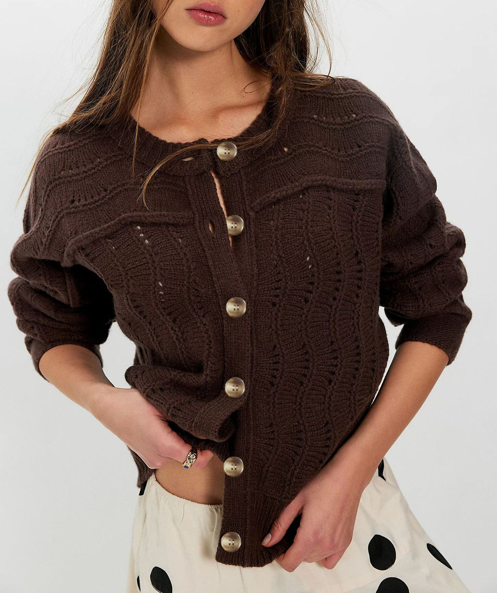 Pointelle Eyelet Knit Button Cardigan - Coffee