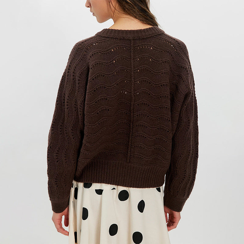 Pointelle Eyelet Knit Button Cardigan - Coffee - 1