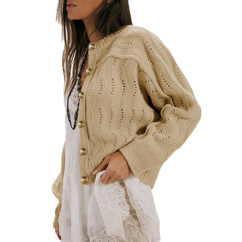 Pointelle Eyelet Knit Button Cardigan - Khaki - 1