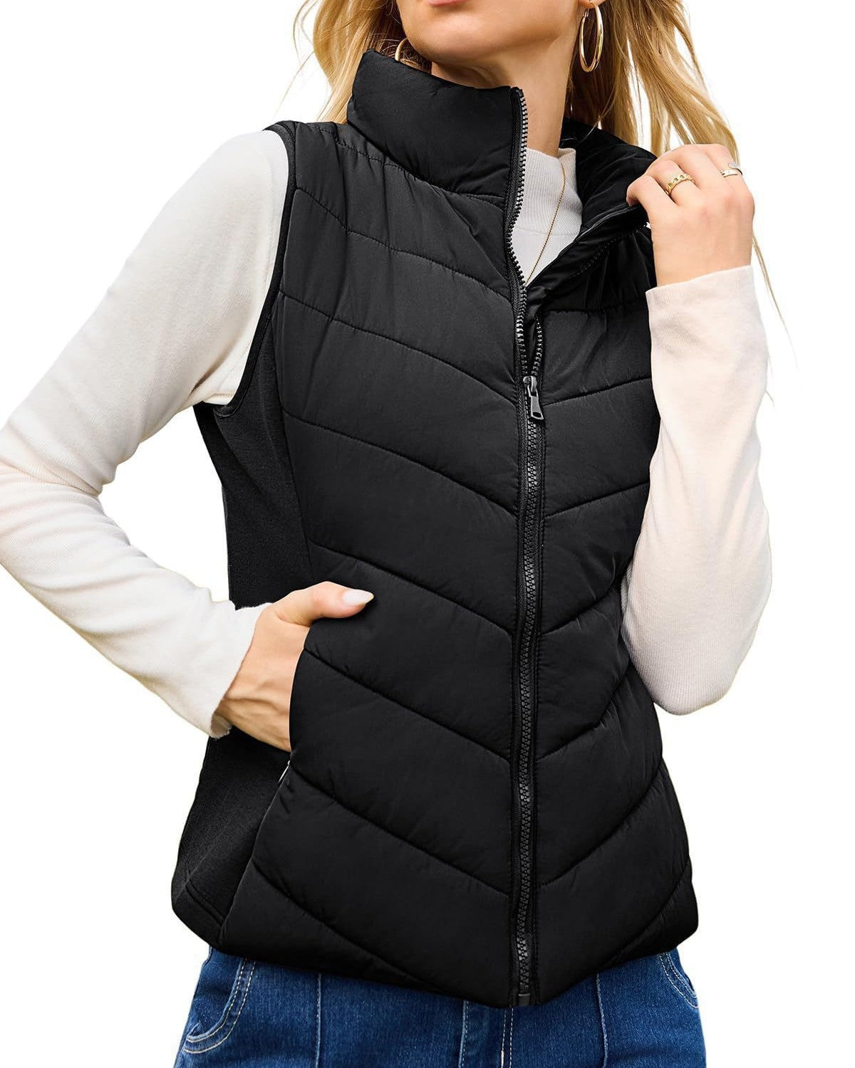 Chevron Quilted Sleeveless Puffer Jacket - Black