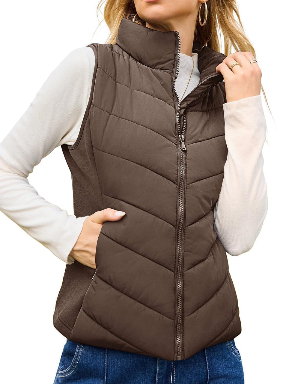 Chevron Quilted Sleeveless Puffer Jacket - Brown
