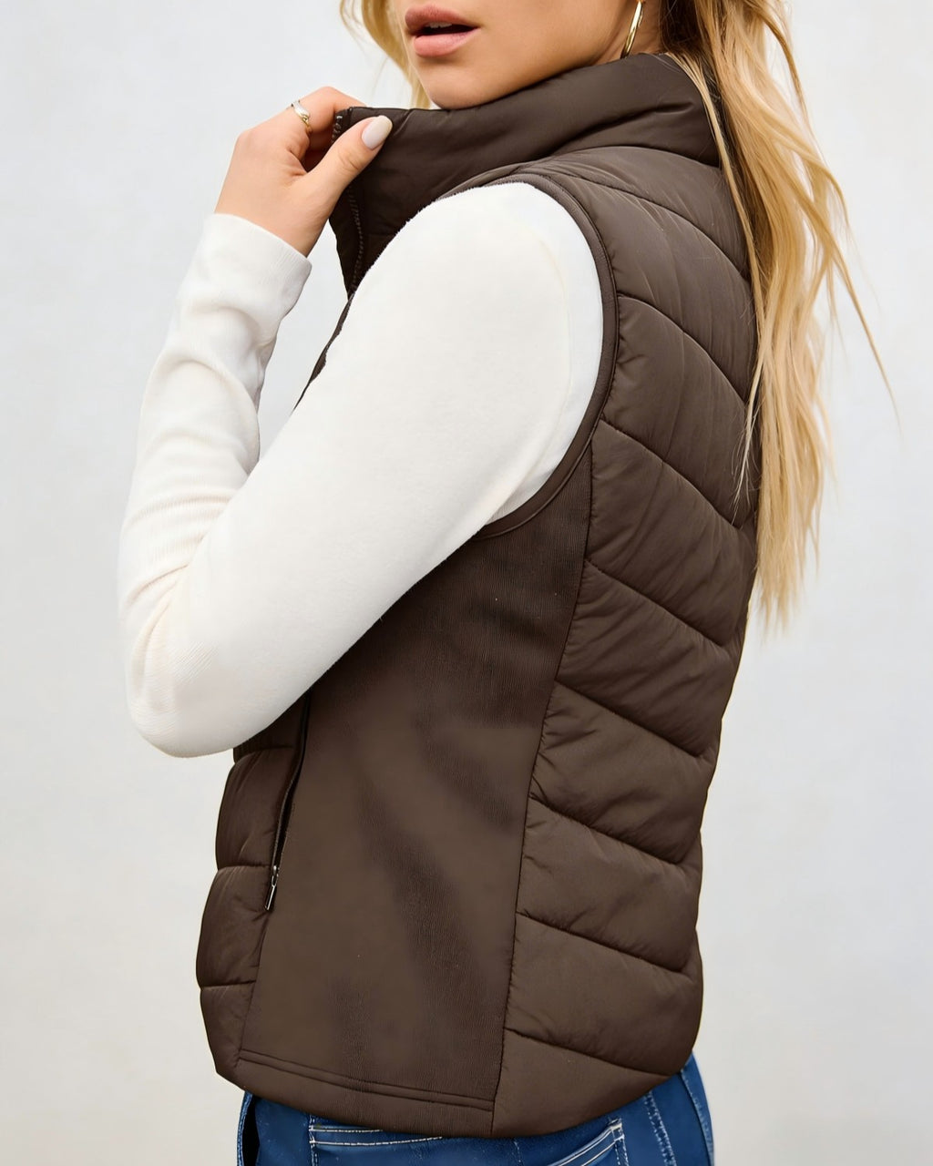 Chevron Quilted Sleeveless Puffer Jacket - Brown - 1
