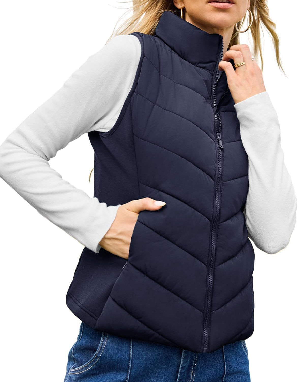 Chevron Quilted Sleeveless Puffer Jacket - Navy-Blue