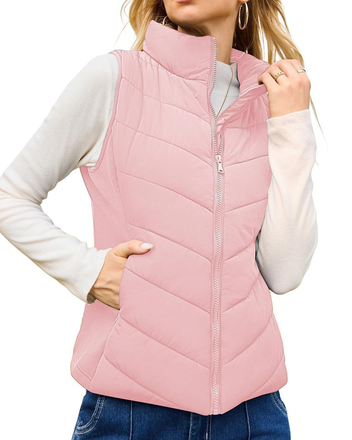 Chevron Quilted Sleeveless Puffer Jacket - Pink