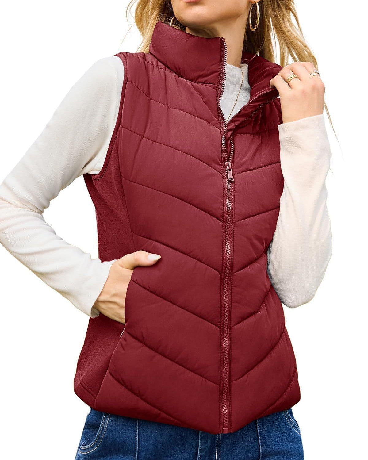 Chevron Quilted Sleeveless Puffer Jacket - Red